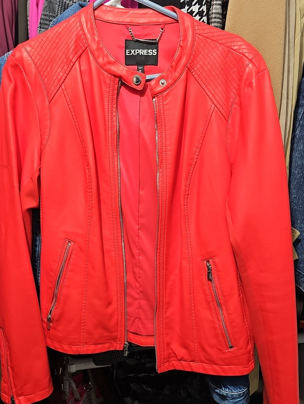 Express Women's Bright Red Faux Leather Moto Jacket